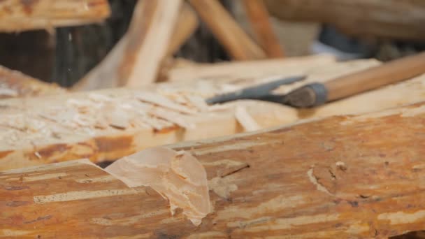 Slow motion: man houthakker snijden grote log met bijl op historisch festival — Stockvideo