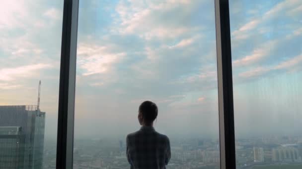 Vista posterior de la mujer pensativa mirando paisaje urbano a través de la ventana del rascacielos — Vídeos de Stock