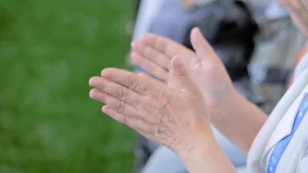 Крупним планом погляд на літніх жінок рук повільно чіпляється, оплески на конференції — стокове відео