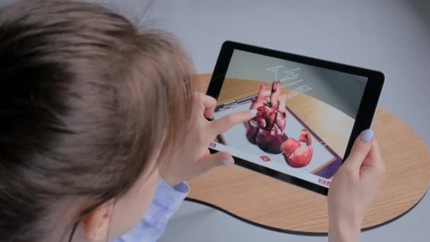 Mulher usando dispositivo tablet com aplicativo realidade aumentada modelo 3d do coração humano — Vídeo de Stock