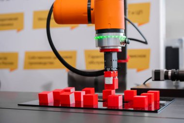 Robot kol manipülatörü robot sergisinde kırmızı oyuncak bloklarını hareket ettiriyor ve yerleştiriyor