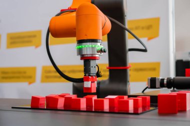 Robot kol manipülatörü robot sergisinde kırmızı oyuncak bloklarını hareket ettiriyor ve yerleştiriyor