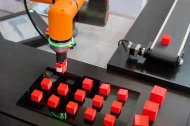 Robot kol manipülatörü robot sergisinde kırmızı oyuncak bloklarını hareket ettiriyor ve yerleştiriyor