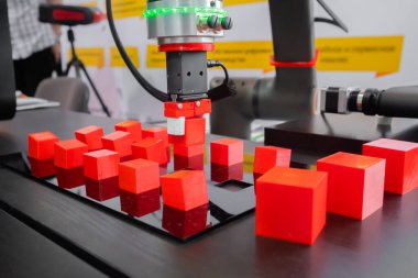 Robot kol manipülatörü robot sergisinde kırmızı oyuncak bloklarını hareket ettiriyor ve yerleştiriyor