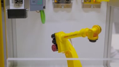 Endüstriyel robot silahlarının küçük oyuncak modeli - FANUC R-2000 Robot sergisinde