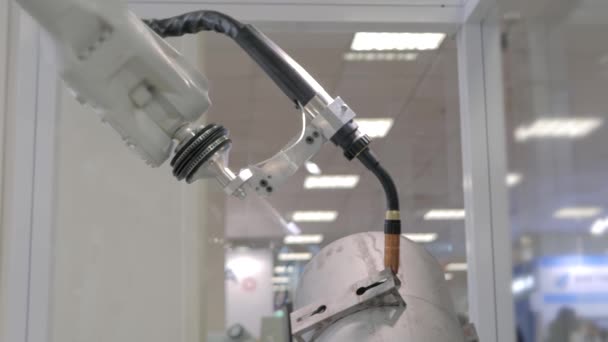 Robot de soldadura industrial para soldadura por arco de gas metálico en exposición de robots — Vídeos de Stock