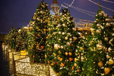 Geceleri sokakta çelenk taşıyan Noel çam ağaçları. Yeni yıl konsepti.