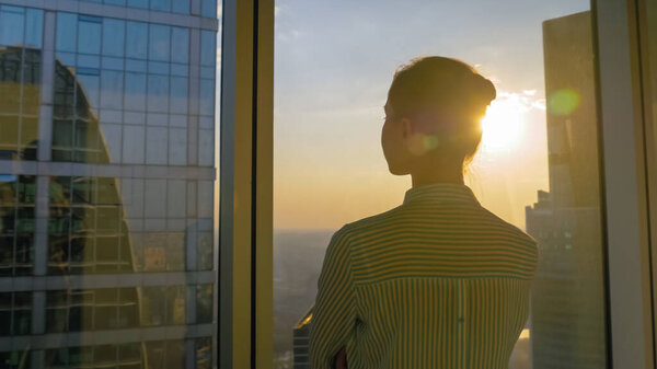 Back view of woman looking at cityscape through glass window of skyscraper
