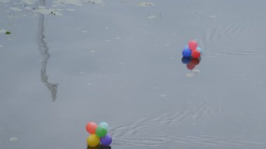 Kirlenmiş nehirde yüzen renkli helyum balonları - su kirliliği