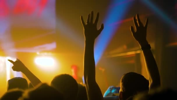 Σιλουέτες των ανθρώπων πάρτι σε ροκ συναυλία μπροστά από τη σκηνή - αργή κίνηση — Αρχείο Βίντεο