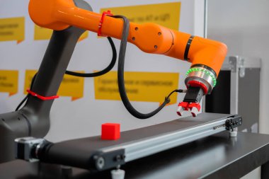 Robot kol manipülatörü robot sergisinde kırmızı oyuncak bloklarını hareket ettiriyor ve yerleştiriyor