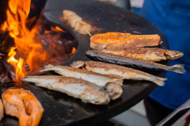 Izgara somon bifteği ve siyah Brezilya uskumrusu üzerine uskumru balığı. Yaklaş.