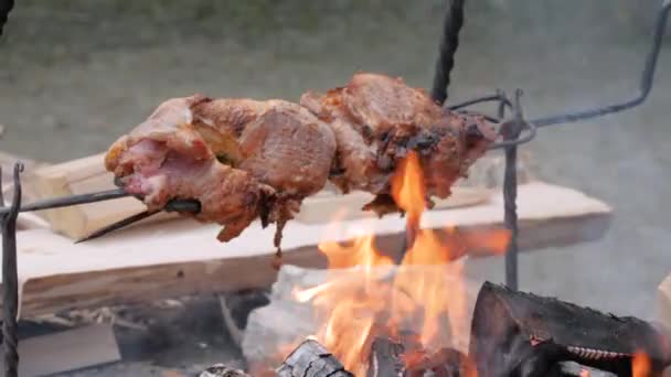 Movimento lento: processo de cozinhar grandes cascas de carne no cuspo sobre fogo aberto — Vídeo de Stock