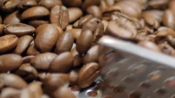 Proceso de mezcla y tostado - máquina de tostado de café durante el trabajo: cámara lenta — Vídeo de stock