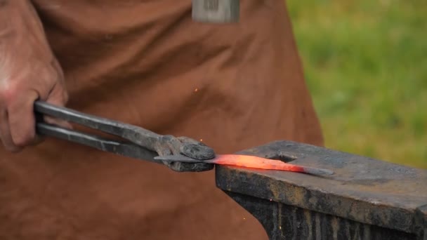 Herrero trabajando con metal en yunque al aire libre - cámara lenta, de cerca — Vídeos de Stock