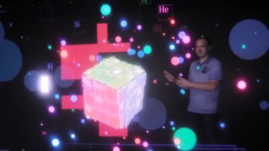 AR sergisindeki karanlık odada 3D büyük hologram projeksiyonuyla poz veren adam.