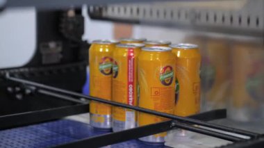 Fabrikadaki bira kutuları için taşıyıcı bantlı otomatik ambalaj makinesi.