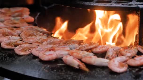 Lambat gerak: proses memanggang raja merah udang pada brazier dengan api panas — Stok Video