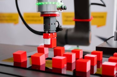 Robot kol manipülatörü robot sergisinde kırmızı oyuncak bloklarını hareket ettiriyor ve yerleştiriyor