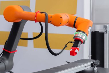 Robot kol manipülatörü robot sergisinde kırmızı oyuncak bloklarını hareket ettiriyor ve yerleştiriyor