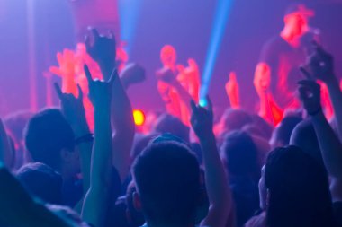 İnsanlar rock konserinde sahnenin önünde parti yapıp zıplıyorlar.