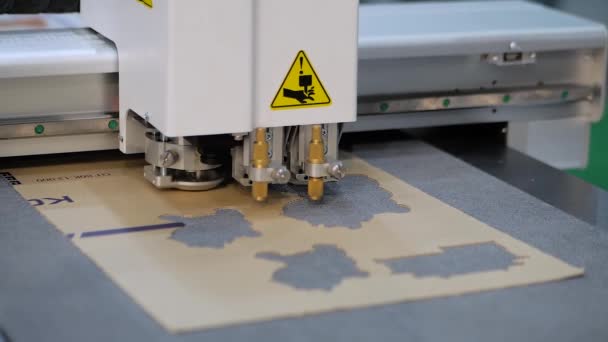 Taglierina flatbed, foglio di cartone plotter da taglio alla fiera della stampante: primo piano — Video Stock