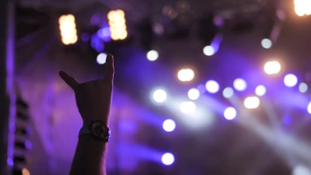 Cámara lenta: el hombre festejando en el concierto de rock frente al escenario — Vídeo de stock