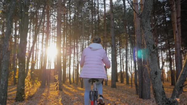 Ung kvinna rida cykel i höstens stadspark i solnedgången - slow motion — Stockvideo