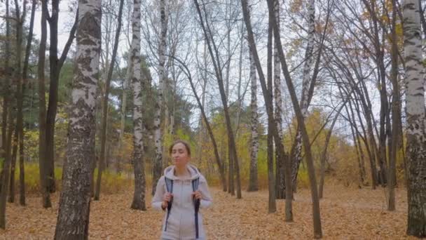 Vista frontal de la joven con mochila caminando en el parque de otoño - steadicam shot — Vídeos de Stock