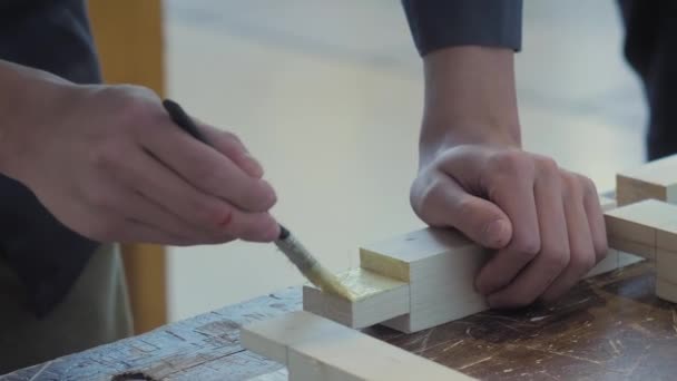 Falegname professionista che applica colla su dettaglio in legno con pennello: primo piano — Video Stock