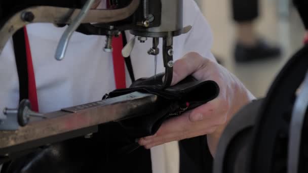 縫製機を使用して靴職人と革の女性の履物を修復-閉じる — ストック動画