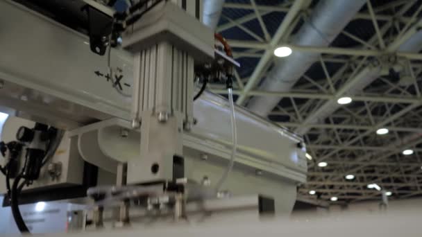 Αυτόματος ρομποτικός χειρισμός βραχίονα μετακινεί κόκκινο πλαστικό κόφτη μπισκότων — Αρχείο Βίντεο