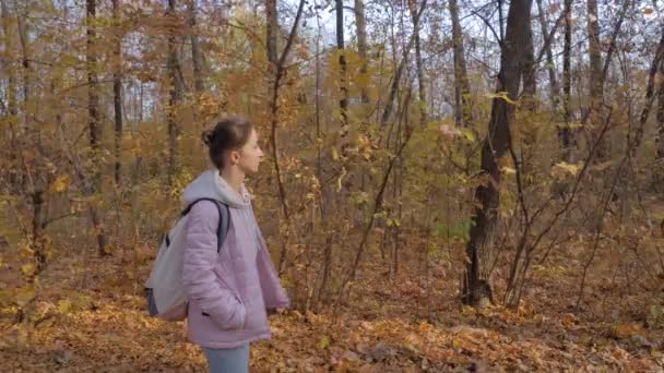Sırt çantalı genç bir kadının sonbahar parkında yürüyüşünün yan görüntüsü. — Stok video