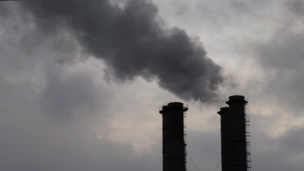 대기 오염을 일으키는 연기를 내뿜는 공장 굴뚝 — 비디오