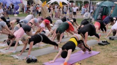 Antrenörlü bir grup insan ormanda gerinme ve yoga egzersizleri yapıyor.