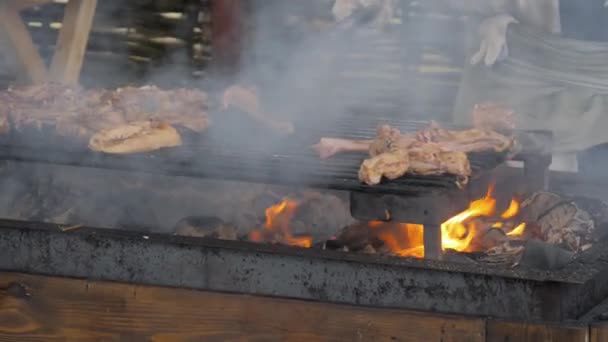 Zpomalený pohyb: dva kuchaři grilují hovězí nebo vepřová žebírka, steaky na pánvi: zblízka — Stock video