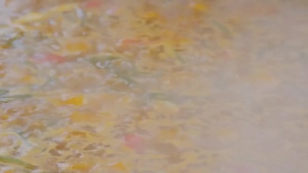 Slow motion: process of cooking healthy yellow soup vegetables - close up — Stock Video