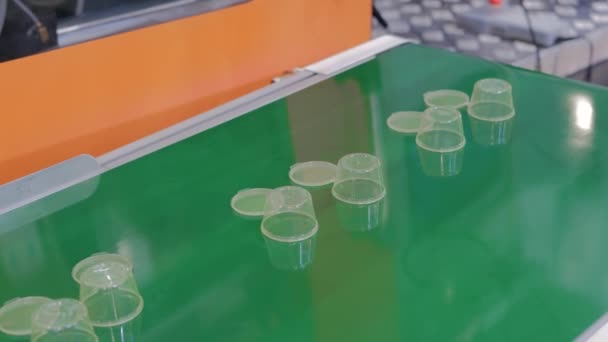 Empty plastic cups moving on green conveyor belt at exhibition — Stock Video