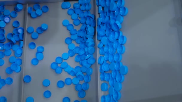 Многие синие крышки пластиковых бутылок движутся по конвейерной ленте - производственная линия — стоковое видео