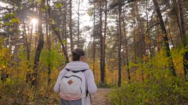 Sırt çantalı bir kadın sonbahar parkında yürüyor. Sabit çekim, güneş mercekleri parlıyor.