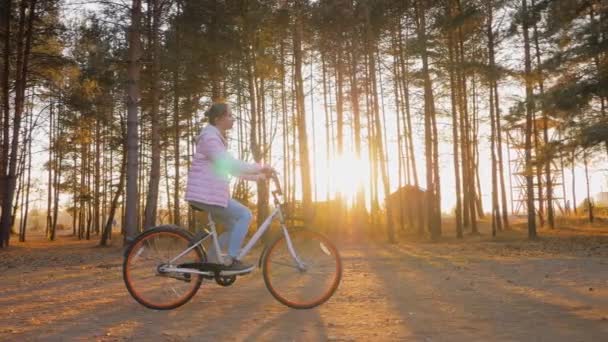 Slow motion: ung kvinna ridning cykel i höst barrskog vid solnedgången — Stockvideo