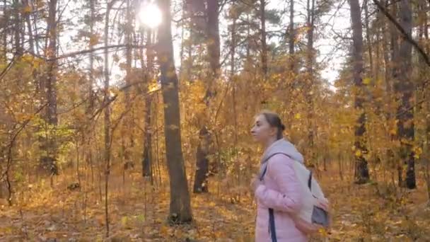 Frau mit Rucksack spaziert im Herbstpark - Steadicam-Aufnahme, Sonnenbrille aufgefackelt — Stockvideo