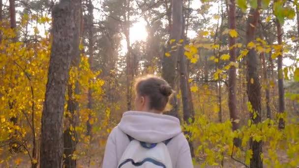 Жінка з рюкзаком, що йде в осінньому парку: стрімкий постріл, спалахи сонячної лінзи — стокове відео