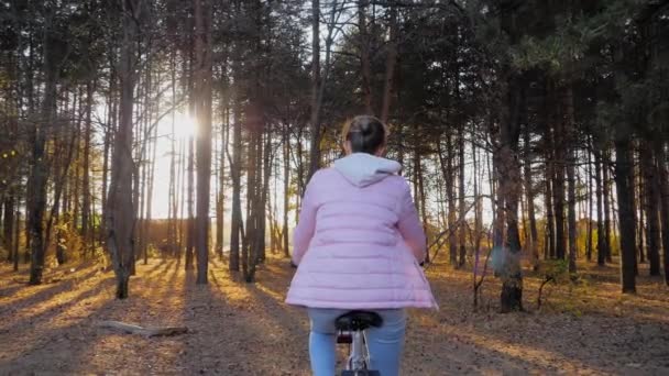 Movimento lento: jovem mulher andando de bicicleta na floresta de coníferas de outono ao pôr do sol — Vídeo de Stock
