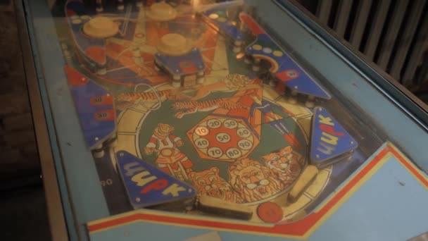 Vintage arcade pinball machine game at soviet retro museum — Stock Video