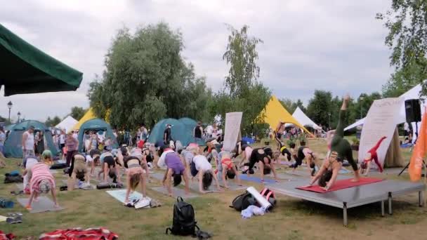 Gruppe von Menschen mit Trainer macht Yoga-Übungen im Wald - Zeitlupe — Stockvideo