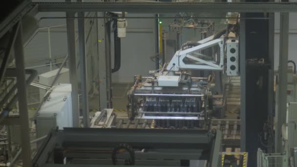 啤酒厂使用塑料啤酒瓶的机械托盘 — 图库视频影像