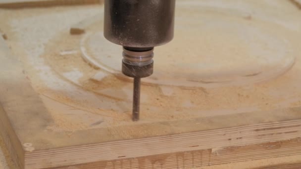 Μηχανή άλεσης κοπής ξύλινου τεμαχίου από ξυλοπολτό στην έκθεση τεχνολογίας — Αρχείο Βίντεο