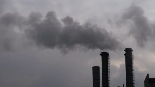 환경 오염 - 회색 하늘에 연기를 방출하는 공장 굴뚝 — 비디오