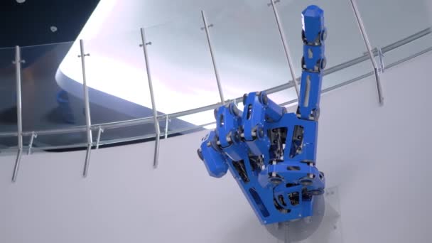 Futurista grande mão robótica mecânica azul mostrando gesto chifre diabo — Vídeo de Stock
